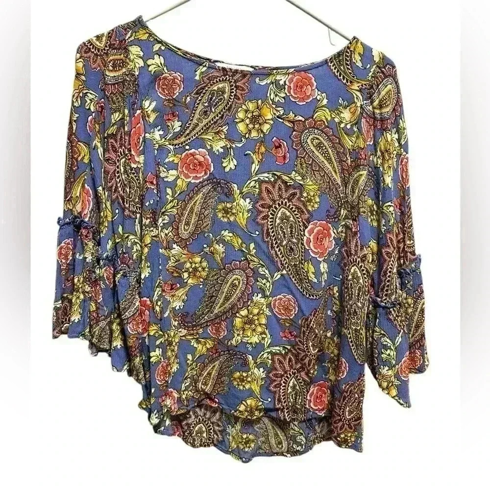 EST. 1946 purple and gold floral belle sleeve top